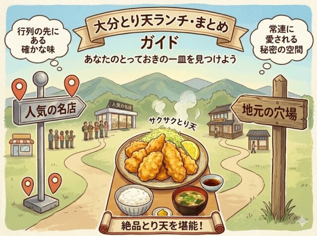 大分とり天ランチ・まとめ ガイドと題されたイラスト。