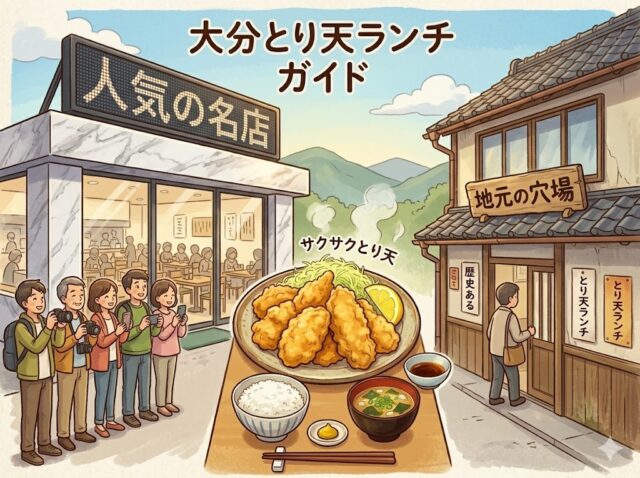 大分とり天ランチ ガイドと題された、イラスト調の画像。中央には大皿に盛られたとり天(サクサクとり天という文字付き)
