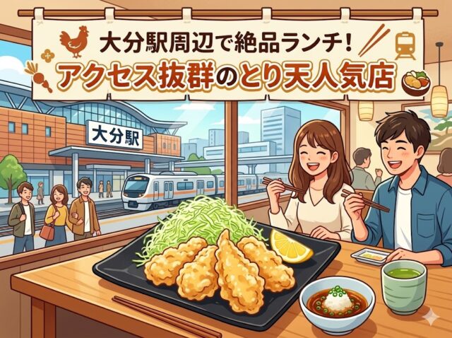 大分駅前の景色が見えるレストランで、とり天ランチを楽しむカップルのイラスト。上部に『大分駅周辺で絶品ランチ!アクセス抜群のとり天人気店』のイラスト。