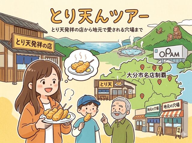 とり天ツアーのイラスト。とり天を皿に持った女性、とり天を食べる男の子、おじいさんの3人が描かれている。背景には、高崎山と温泉、海、大分市名店制覇の地図とピン、「とり天発祥の店」と「地元の穴場」という看板の建物、大分県立美術館(OPAM)が描かれている。中央には、とり天のイラストの吹き出しがある。