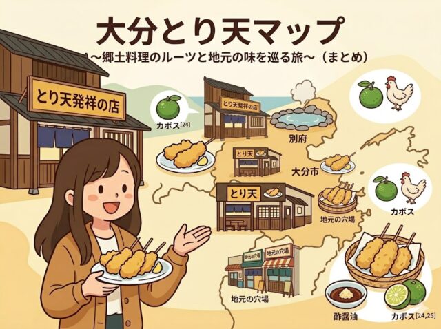 「大分とり天マップ ~郷土料理のルーツと地元の味を巡る旅~(まとめ)」と題された、とり天の文化や発祥をイラストで解説したマップ。とり天の皿を持つ女性、発祥の店の建物、別府温泉、大分市内の店、カボス、酢醤油などが地図上に描かれている。