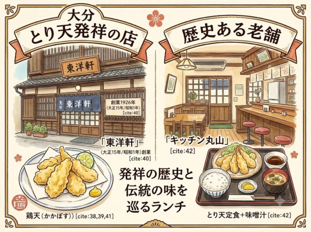大分とり天ランチのガイドイラスト。上部に「大分とり天ランチ・発祥の店と歴史ある老舗」のタイトル。左側は「大分 とり天発祥の店」として、1926年創業の別府市「東洋軒」の伝統的な木造店舗と、カボスが添えられたサクサクのとり天の皿を配置。右側は「歴史ある老舗」として、1963年創業の大分市「キッチン丸山」の和風な店内イラストと、お盆に載ったボリュームたっぷりのとり天定食(ご飯、味噌汁付き)を配置。中央下部には「発祥の歴史と伝統の味を巡るランチ」のテキストがある。