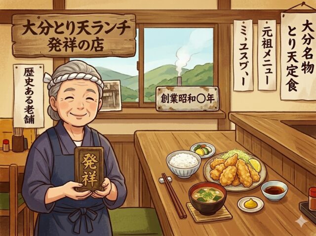 笑顔で「発祥」と書かれた木の札を持つお婆さんのイラスト。彼女は「大分とり天ランチ 発祥の店」と書かれた大きな木製看板の下に立っている。
