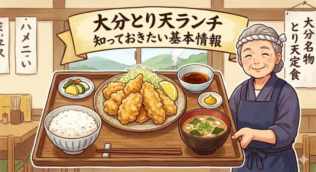 大分の和風食堂で、とり天定食を笑顔で持っているお婆さんのイラスト。お盆にはとり天、ご飯、味噌汁、漬物、タレ、カラシが載っている。