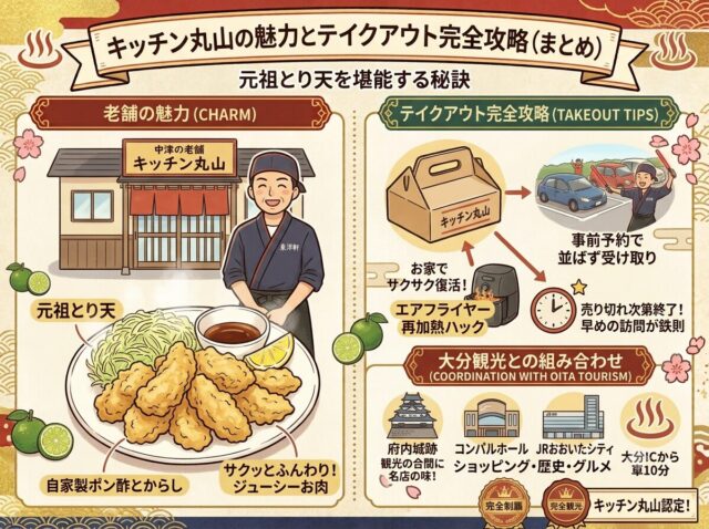 キッチン丸山の魅力とテイクアウト完全攻略(まとめ)」を紹介する、和風レトロな手描きイラスト調のインフォグラフィックガイド。 上部にはタイトル「キッチン丸山の魅力とテイクアウト完全攻略(まとめ)」と「元祖とり天を堪能する秘訣」のテキスト、そして和柄、桜、温泉マーク、「大分観光」の王冠スタンプ。 左側の「老舗の魅力 (CHARM)」セクションでは、店舗「中津の老舗 キッチン丸山」の外観、笑顔の店主、山盛りの「元祖とり天」(キャベツ、レモン、タレ付き)、カボス、タレの小鉢がイラストで紹介。テキスト解説として「サクッとふんわり!ジューシーお肉」「自家製ポン酢とからし」がある。 右側の「テイクアウト完全攻略 (TAKEOUT TIPS)」セクションでは、テイクアウトボックス、駐車場での動的な誘導パフォーマンス、「事前予約で並ばず受け取り」のテキスト、エアフライヤー再加熱ハック(熱風とエアフライヤー)、そして時計と星印の「売り切れ次第終了!早めの訪問が鉄則」がイラストと解説付きで紹介。 下部の「大分観光との組み合わせ (COORDINATION WITH OITA TOURISM)」セクションでは、府内城跡、コンパルホール、JRおおいたシティ、温泉アイコンが、ショッピング、歴史、グルメ、 hot springsの魅力とともに紹介。「大分ICから車10分」のアクセス情報と、「完全制覇」の黄金の王冠スタンプ、「キッチン丸山認定!」の印章がある。 全体的に和柄の装飾と桜の花びらが施されている。