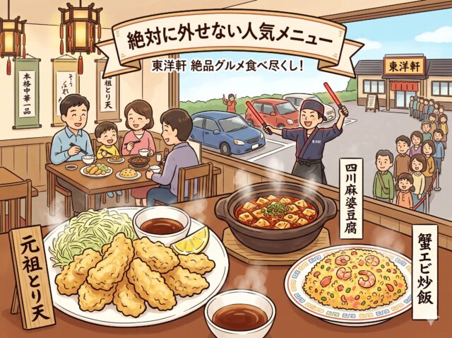 東洋軒の「絶対に外せない人気メニュー」を紹介する、心温まる手書き風イラストインフォグラフィック。 上部のタイトルバナーには「絶対に外せない人気メニュー」と、その下に「東洋軒 絶品グルメ食べ尽くし!」の文字。 前景左側には、山盛りの「元祖とり天」のプレート(キャベツ、レモン、タレ付き)と、隣に「元祖とり天」の木札。中央には、熱々の「四川麻婆豆腐」が入った石鍋とご飯茶碗。右側には「蟹エビ炒飯」のプレート。それぞれの料理の横に日本語のテキストラベル。 中景左側では、伝統的な中華レストランの内装(提灯、書、スクロール)を背景に、家族連れ(父親、母親、息子)がテーブル席で食事を楽しんでいる。 窓からは駐車場と屋外の様子が見える。中央では、車の誘導パフォーマンスをするスタッフが赤色の誘導灯で車を誘導している。右側奥には「東洋軒」の店舗建物と、入店を待つ長い行列(行列攻略のメッセージボード付き)が描かれている。 全体的に賑やかで食欲をそそる雰囲気で、東洋軒の魅力と人気メニューを視覚的に伝えている。