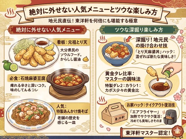 東洋軒の大分とり天と人気メニューの楽しみ方を紹介するイラストインフォグラフィックガイド。上部に「絶対に外せない人気メニューとツウな楽しみ方」というメインタイトルバナーがあり、その下に「地元民直伝!東洋軒を何倍にも堪能する極意」というテキスト。 左側の「絶対に外せない人気メニュー」セクションでは、キャベツ、レモン、タレ、カボス、カラシが添えられた山盛りの「看板:元祖とり天」(大分県民のソウルフード、からし醤油)、熱々の石鍋に入った「必食:石焼麻婆豆腐」(痺れる辛さと深いコク)、具沢山の「人気:特製あんかけ焼そば」(老舗の歴史を感じる一皿)の3品がイラストと解説付きで紹介。 右側の「ツウな深掘り楽しみ方」セクションでは、とり天と麻婆豆腐を混ぜる「深掘り!地元民の掛け合わせ技(とり天麻婆丼ハック)」、タレ・カラシ・カボスを合わせる「黄金タレ比率:マスターの調味法」、エアフライヤーで温め直す「お家ハック:テイクアウト復活技(東洋軒の持ち帰り箱)」の3つのコツがイラストと解説付きで紹介。 下部には「東洋軒マスター認定!」の印章。全体的に温かみのあるレトロな手描きイラスト調で、和柄の装飾と温泉マークが施されている。
