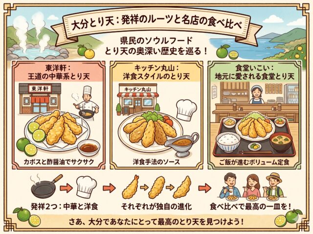 大分とり天の発祥と名店食べ比べをまとめた、レトロな手描き風イラストのインフォグラフィック。上部に大分の温泉とカボスの風景、中央には3つの名店が紹介されている。「東洋軒(王道の中華系とり天)」はカボスと酢醤油でサクサク、「キッチン丸山(洋食スタイルのとり天)」は洋食手法のソース、「食堂いこい(地元に愛される食堂とり天)」はご飯が進むボリューム定食。下部には、中華鍋とコック帽から進化するとり天のイラストで「発祥2つ:中華と洋食」「それぞれが独自の進化」を説明。3人家族が笑顔でとり天を食べるイラストに「食べ比べで最高の一皿を!」のメッセージ。最下部には「さあ、大分であなたにとって最高のとり天を見つけよう!」とある。