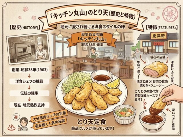 「キッチン丸山」のとり天(歴史と特徴):地元に愛され続ける洋食スタイルの味。大分県の老舗洋食店「キッチン丸山」のとり天(とり天定食)の歴史と特徴を詳細に解説する、レトロな手描きイラスト調のインフォグラフィック。上部にタイトルリボンがある。左側の【歴史】セクションでは、昭和38年創業から洋食シェフの挑戦、伝統の継承、現在も地元の熱烈な支持を受けているタイムラインが示されている。右側の【特徴】セクションでは、洋食シェフの技による、他店とは違う「柔らか・ジューシー」な肉の食感と、独自の「特製洋食ソース」に浸して食べるこだわりのスタイルが解説されている。中央には、とり天、キャベツ、レモン、ソースを盛り付けた大きな「とり天定食」のイラストがあり、「絶品グルメが待っています!」と書かれている。