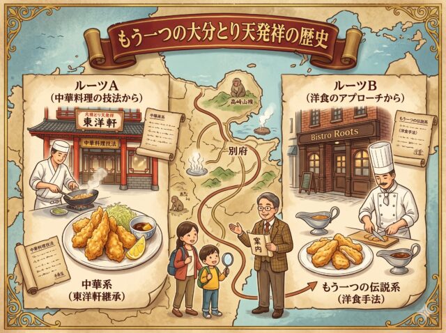 もう一つの大分とり天発祥の歴史をテーマにした、古地図風のインフォグラフィック。中央には、別府湾、高崎山、別府の地図があり、温泉マーク、ロープウェイ、サルのイラストが描かれている。地図の左側には、中華料理店「東洋軒」の外観と、中華鍋を使うシェフ、キャベツとソースが添えられた中華系とり天のプレートが配置され、タイトル「ルーツA (中華料理の技法から)」とラベル「中華系 (東洋軒継承)」が付いている。地図の右側には、洋食店「Bistro Roots」の外観と、調理をする洋食シェフ、ソースボートとソースが添えられた別のとり天のプレートが配置され、タイトル「ルーツB (洋食のアプローチから)」とラベル「もう一つの伝説系 (洋食手法)」が付いている。地図の下には、案内役の男性と、彼を指差す女性、虫眼鏡を持つ子供が立っている。