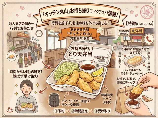 「キッチン丸山」お持ち帰り(テイクアウト)情報! 行列を並ばず、名店の味を外でも楽しむ! 大分県の老舗「キッチン丸山」のお持ち帰り(テイクアウト)サービスに関する詳細なインフォグラフィック(イラスト付き解説図)。全体的に温かみのあるレトロな手描きイラスト調で、和柄の装飾と桜の花びらが施されている。 上部のリボンにはメインタイトル「「キッチン丸山」お持ち帰り(テイクアウト)情報! 行列を並ばず、名店の味を外でも楽しむ!」、そして「歴史ある老舗「キッチン丸山」(昭和38年)創業」とある。 左側の「超人気店の悩み…行列でお待たせ」セクションでは、キッチン丸山の店舗前に大勢の人々が並ぶ行列のイラストと、その課題を解決する「「時間がない時」の味方!並ばず受け取り」のテキスト。お弁当を持って笑顔で喜ぶ男性のイラストが描かれている。 中央には、開かれた「お持ち帰り用とり天弁当」の大きなパック(プラ容器)が描かれ、中身(山盛りのとり天、キャベツ、レモン、別添の特製洋食ソース)と、「お持ち帰り用とり天弁当」「特製洋食ソース(別添)」のラベルがある。 右側の「【特徴 (FEATURES)】」セクションでは、とり天の断面図と共にパック詰めでも「他店と違う!柔らか・ジューシー!」な食感が強調されている。下部には、店舗窓口での予約・受け取りの様子(電話アイコン、お電話予約おすすめ)、そして「お外で、お家で、気軽にディップ!」のテキストと、とり天を別添ソースにディップする様子が解説されている。 下部には実用的なヒントがまとめられている。左下には「エアフライヤー加熱でサクサク復活!」のテキストと、熱風と熱が描かれたエアフライヤーのイラスト。中央下には、受け取りフロー「①予約」 -> 「②時間指定」 -> 「③受け取り」の矢印。全体を囲むように和柄の装飾と温泉マークが施されている。