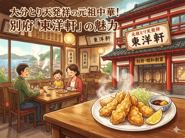 「大分とり天発祥の元祖中華!別府「東洋軒」の魅力」というキャプション。湯気の立つとり天定食がテーブルに置かれたイラスト。店内で食事を楽しむ3人家族、和風の店舗外観、窓から見える別府湾と湯けむりの風景が描かれている。