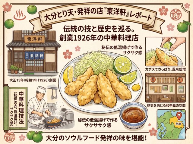 大分とり天発祥の店「東洋軒」を紹介するインフォグラフィック。レトロなイラスト調で、東洋軒の歴史と魅力を解説。上部に「大分とり天・発祥の店『東洋軒』レポート」のタイトル。左上に東洋軒の伝統的な木造店舗のイラストと、大正15年創業の説明。中央にはカボスが添えられた、秘伝の低温揚げで作るサクサク食感のとり天の皿と、中華料理技法を解説するスクロール。右側にはカボスを搾る様子や、歴史を感じる和中華の店内の様子、別府の地図、タレのイラストが配置。下部には「大分のソウルフード 発祥の味を堪能!」のメッセージと、カボス、桜、温泉のアイコンが描かれている。