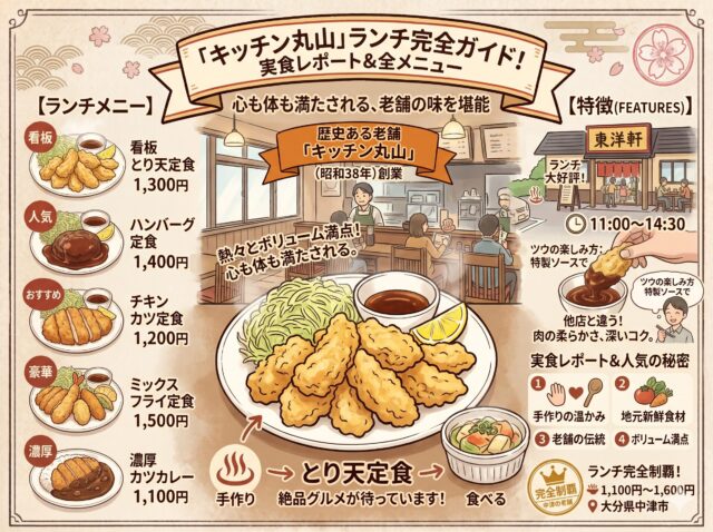 「キッチン丸山」のランチメニューと実食レビューを紹介するレトロな手描きイラスト調のインフォグラフィックガイド。上部には「「キッチン丸山」ランチ完全ガイド!実食レポート&全メニュー」「心も体も満たされる、老舗の味を堪能」のテキストと、店舗内観、窓の外に「中津の老舗」「東洋軒」とあるイラスト。「歴史ある老舗「キッチン丸山」(昭和38年)創業」のロゴ。左側の【ランチメニュー】には、看板:とり天定食 1,300円、人気:ハンバーグ定食 1,400円、おすすめ:チキンカツ定食 1,200円、豪華:ミックスフライ定食 1,500円、濃厚:カツカレー 1,100円の5品がイラストと価格付きで紹介されている。中央には山盛りのとり天が乗った巨大なとり天定食のイラストがあり、「熱々とボリューム満点!心も体も満たされる。」「手作り」から「とり天定食」「食べる」への矢印と「絶品グルメが待っています!」のテキストがある。右側の【特徴(FEATURES)】には、ランチ大好評!11:00~14:30。とり天を特製ソースにディップするイラストと「ツウの楽しみ方:特製ソースで」「他店と違う!肉の柔らかさ、深いコク。」の解説。実食レポート&人気の秘密として、1 手作りの温かみ、2 地元新鮮食材、3 老舗の伝統、4 ボリューム満点の4つのポイントがアイコン付きで紹介されている。下部には、「完全制覇」の黄金の王冠スタンプと「キッチン丸山マスター認定!」の印章があり、ランチ価格帯:1,100円~1,600円、所在地:大分県中津市とある。全体的に和柄の装飾と桜の花びらが施されている。
