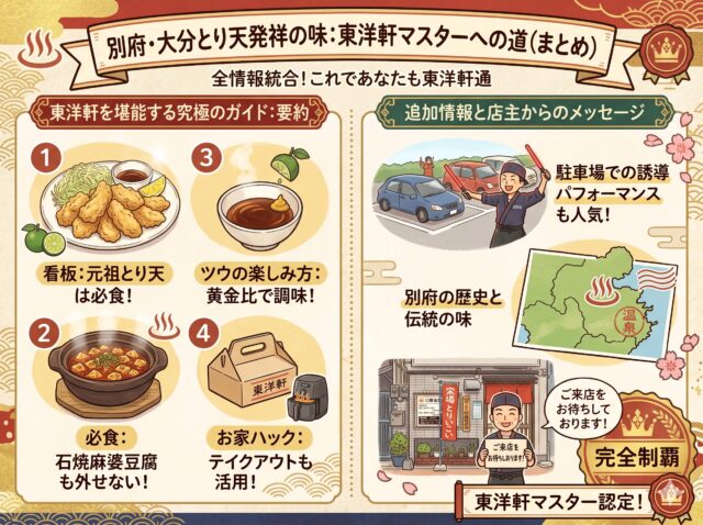 別府・大分とり天発祥の味:東洋軒マスターへの道(まとめ)」を紹介する、レトロな手描きイラストインフォグラフィックガイド。 上部タイトルバナーには「別府・大分とり天発祥の味:東洋軒マスターへの道(まとめ)」と、その下に「全情報統合!これであなたも東洋軒通」のテキスト。和柄の装飾と王冠が施されている。 左側の「東洋軒を堪能する究極のガイド:要約」セクションでは、4つのポイントがイラストとテキストで紹介されている。 1:キャベツ、レモン、タレ、カボスが添えられた山盛りの「看板:元祖とり天は必食!」。 2:熱々の石鍋に入った「必食:石焼麻婆豆腐も外せない!」。 3:とり天のタレにカボスを搾る様子とカラシが添えられた「ツウの楽しみ方:黄金比で調味!」。 4:東洋軒の持ち帰り箱とエアフライヤー、熱風が描かれた「お家ハック:テイクアウトも活用!」。 右側の「追加情報と店主からのメッセージ」セクションでは、3つの情報が紹介されている。 上:車の誘導パフォーマンスをするスタッフが赤色の誘導灯で賑やかに車を誘導する様子を描いた「駐車場での誘導パフォーマンスも人気!」。 中:別府の地図、温泉マーク、提灯、暖簾、石造りの店舗を描いた「別府の歴史と伝統の味」。 下:暖簾のかかった店舗前で笑顔で迎える店主が手書き看板を掲げ、吹き出しで「ご来店をお待ちしております!」とある。 最下部には、「完全制覇」の黄金の王冠スタンプと「東洋軒マスター認定!」の印章。全体的に温かみのあるレトロな和柄と温泉マークが施されている。