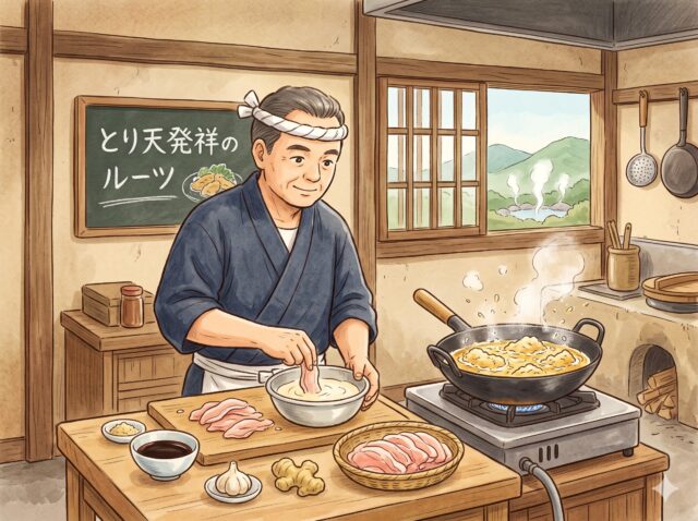日本の温泉地の風景を背景に、木造の厨房でとり天(鶏肉の天ぷら)を作る年配の職人のイラスト。白い鉢巻と紺色の作務衣姿の男性が、生の鶏肉をバッター液に浸しています。調理台には生姜やニンニクなどの食材が並び、奥の黒板には「とり天発祥のルーツ」と書かれています。コンロの上の鍋では油でとり天が揚げられており、窓からは温泉の湯気が立つ山々が見えます。