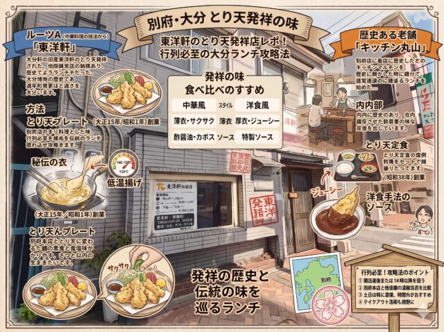 別府・大分とり天発祥の味食べ比べ完全ガイド(東洋軒とり天発祥店レポ!行列必至の大分ランチ攻略法) レトロな手描きスタイルとテクスチャ紙の背景を持つ、別府と大分のとり天の2つの主要なルーツを比較した詳細な日本語イラストインフォグラフィックガイド。 上部には、大きなリボンバナーに「別府・大分 とり天発祥の味 食べ比べ完全ガイド」というタイトルがあります。その下には、小さなテキストで「東洋軒のとり天発祥店レポ!行列必至の大分ランチ攻略法」とあります。 インフォグラフィックは、2つのトラックで構成されています。 左側のトラック(ルーツA:中華料理の技法から): 青いリボンバナー「ルーツA (中華料理の技法から)」とサブタイトル「「東洋軒」」。創業年(大正15年/昭和1年 (1926)創業)、とり天の説明、伝統的な店舗外観のイラスト。カボスと酢醤油を添えた「とり天プレート」の詳細なイラストがあり、「秘伝の衣」と140〜150°Cの「低温揚げ」のインセットステップが示されています。 右側のトラック(歴史ある老舗:洋食スタイル): オレンジ色のリボンバナー「歴史ある老舗」とサブタイトル「「キッチン丸山」」。創業年((昭和38年)創業)、とり天の説明、レトロな食堂内部のイラスト。完全な「とり天定食」の詳細なイラストと、「洋食手法のソース」に焦点を当てたインセットがあります。 中央のパネル「発祥の味 食べ比べのすすめ」は、「中華風」と「洋食風」を「薄衣・サクサク」と「厚衣・ジューシー」のような特徴で構造的に比較しています。その下には、中央のテキスト「発祥の歴史と伝統の味を巡るランチ」があります。 下部のセクションには、別府の地図、オリジナルのスタンプ(梅花、印章)、そして「行列攻略!攻略法」というタイトルの構造化された情報パネル(ポイント1から4)が含まれています。