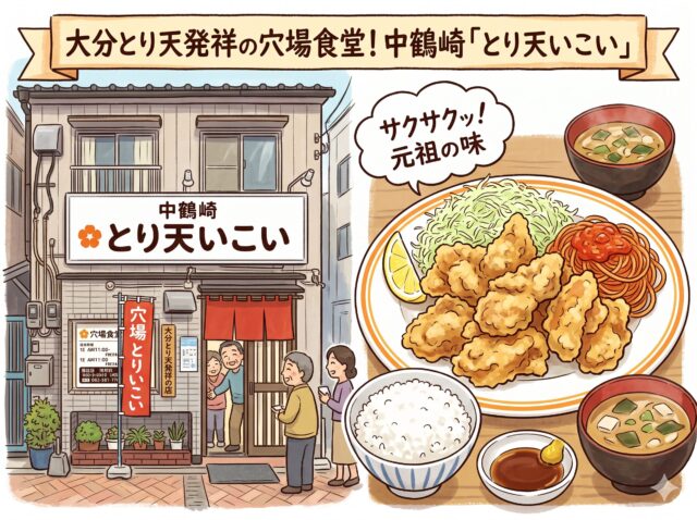 大分とり天発祥の食堂「とり天いこい」を紹介する温かみのある手描き風イラスト。 左側には、昭和レトロな雰囲気の2階建ての店舗外観が描かれている。上部には「大分とり天発祥の穴場食堂!中鶴崎「とり天いこい」」という大きなバナー。店舗1階の看板には「中鶴崎 とり天いこい」と書かれ、花のアイコンがある。入口の赤いれんの前で、笑顔で迎える年配の店員(夫婦?)と、入店しようとする数人の客(カップル、年配の女性)が描かれている。 右側には、ボリュームたっぷりのとり天定食が描かれている。大きな皿に山盛りのゴツゴツとしたとり天、千切りキャベツ、カットレモン、そしてナポリタン(スパゲッティ)とミートソースが添えられている。とり天の皿の上に、日本語で「サクサクッ!元祖の味」という吹き出しがある。手前には、ご飯の入った茶碗、味噌汁が入った碗が2つ、そして酢醤油と和辛子(からし)が入った小さな小鉢がセットになって配置されている。